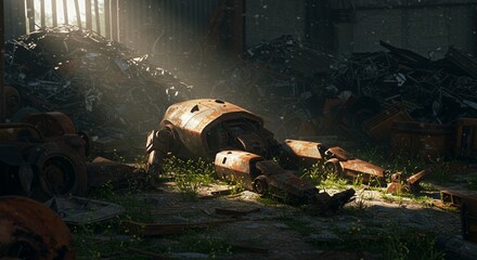 A damaged robot lies rusting among scrap metal and weeds