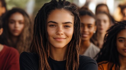 Obraz premium A confident young woman with dreadlocks smiles at the camera, surrounded by a diverse group of people in a warm, outdoor setting.