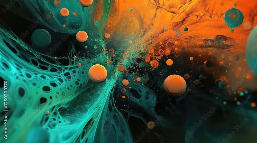 Poster abstract colorful fluid design with orange and teal swirling patterns and bubbles creating a dynamic