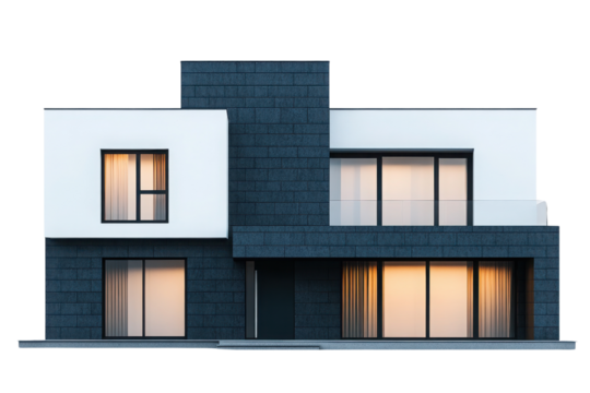 Modern architecture featuring a stylish, geometric house design with large windows and a sleek exterior.