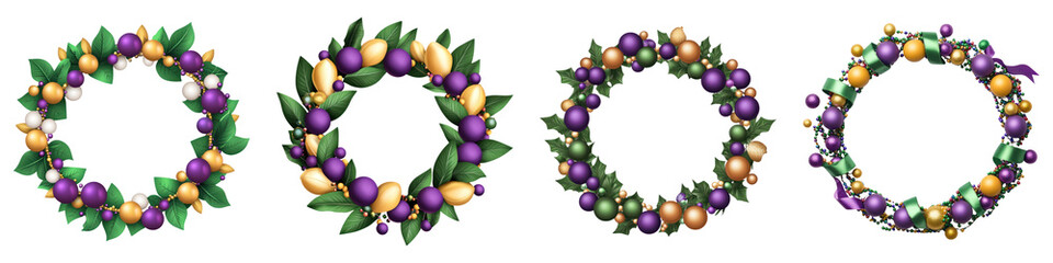Festive Mardi Gras wreaths adorned with colorful beads and ribbons