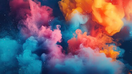 Abstract Colorful Ink Cloud Explosion Turquoise, Pink, and Orange Smoke Plumes on Deep Blue Background.
