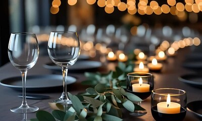Elegant candlelit dinner table setting in modern restaurant