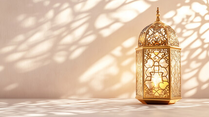 White banner with softly lit golden Arabic lantern image, white background with transparent Islamic pattern, Ai generated images
