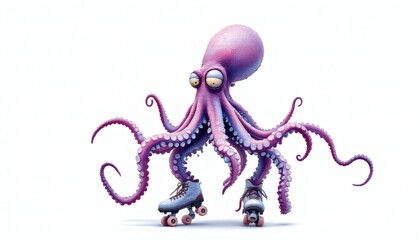 Whimsical Octopus Attempting Roller Skating Adventure