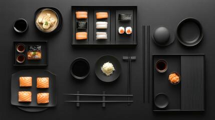 A top-down view of a fine dining experience featuring a stunning array of Asian cuisine, including sashimi, steamed dumplings