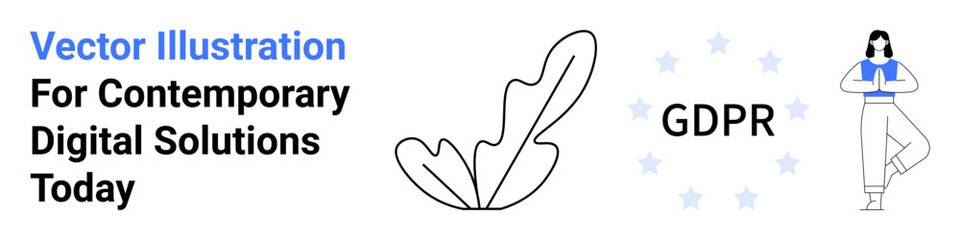 GDPR text surrounded by stars, leaf symbolizing natural data flow, and person in thinking pose. Ideal for privacy, security, policy, regulations, digital rights, compliance minimal design flat