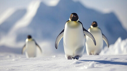 World Penguin Day, A group of Emperor penguins walking on pure white snow with majestic ice mountains in the background, Ai generated images