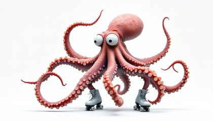 Whimsical Octopus Balancing on Roller Skates with Tentacles Twirling