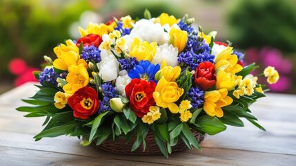 Vibrant Spring Bouquet: A Colorful Arrangement of Tulips, Hyacinths, and Peonies