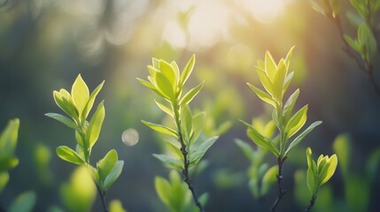 Fototapeta premium Fresh Spring Green Leaves Emerging in Sunlight, New Growth and Renewal.