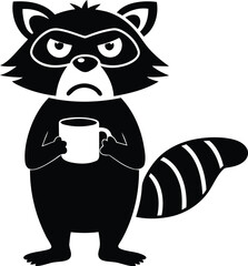 Angry cute cartoon animal with cup of coffee silhouette vector art, Angry cartoon black animal with cup of coffee vector design