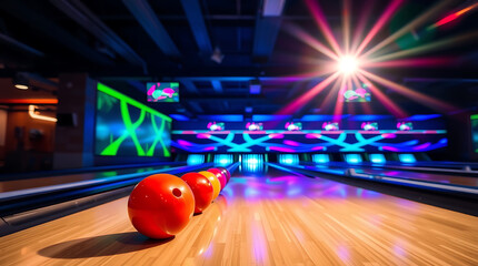 Bright lens flare, long exposure photograph of vibrant neon-lit bowling balls on a polished lane in a modern bowling alley. Motion blur, light trails, vibrant colors