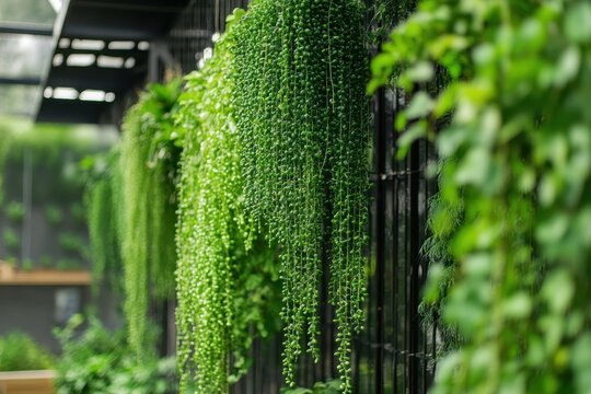 Lush Green Cascading String of Pearls Plant Growing on a Black Metal Trellis.