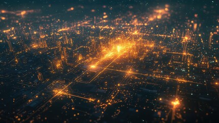 Fototapeta premium Aerial View of a Vibrant Night Cityscape with Illuminated Buildings and Streets Creating a Stunning Glow Over an Urban Environment in a Futuristic Perspective