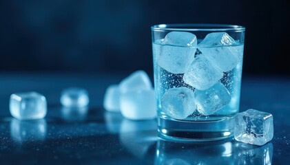 Close-up of an icy glass with water and floating ice cubes on a dark blue surface, ice, liquid, still life