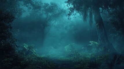 Obraz premium Eerie Fog Shrouded Tropical Rainforest Mystical Jungle Scene with Lush Vegetation and Dramatic Lighting.