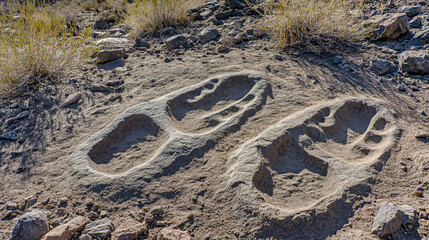 Close-up of ancient dinosaur footprints embedded in rocky terrain, surrounded by sparse vegetation,...