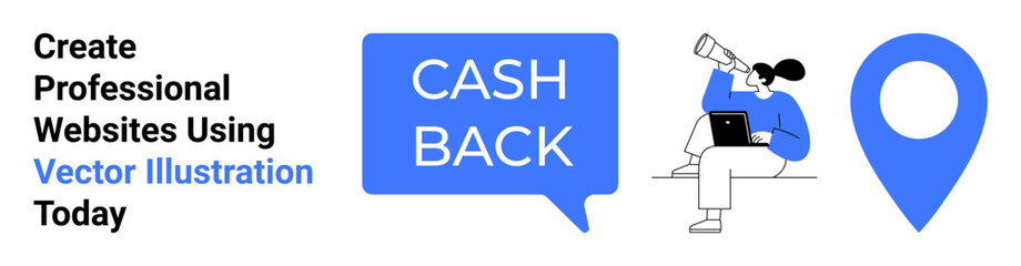 Woman using laptop with telescope, cash back in speech bubble, location pin. Ideal for e-commerce, navigation, rewards programs, online shopping, savings tips, customer loyalty flat landing page