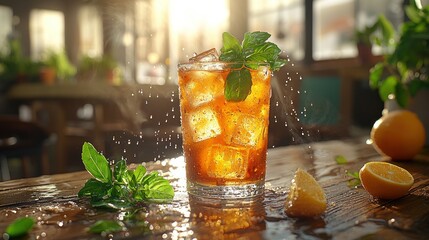 Iced tea cafe sunlight splash refreshment drink