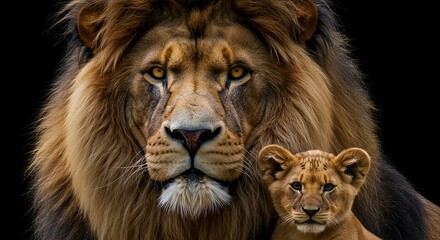 Obraz premium Lion and cub portrait showing strength and familial bond