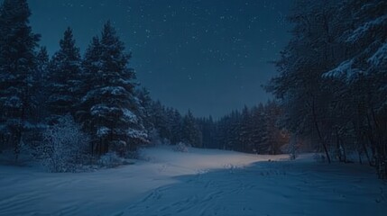 Tranquil Winter Night Snow-Covered Forest Landscape with Starry Sky and Footprints