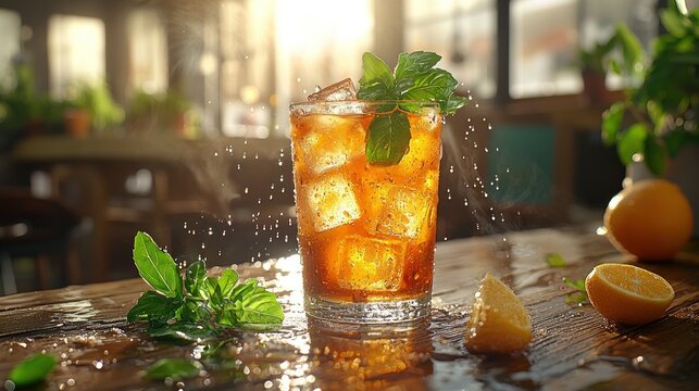 Iced tea cafe sunlight splash refreshment drink - Powered by Adobe