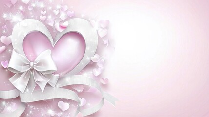 Romantic Heart Design with Ribbon and Sparkling Accents on Pink Background