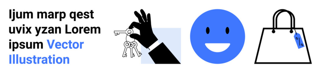 Hand with keys, bright smiling face icon, shopping bag featuring price tag. Ideal for concepts thumbs up ownership, emotions, shopping, real estate, commerce retail marketing. Flat landing page