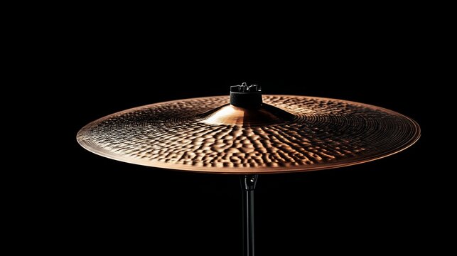 Close-up of a bronze cymbal on a black background.