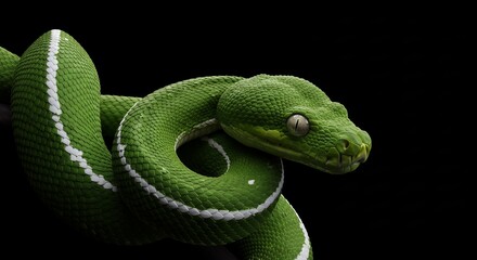 Fototapeta premium Green tree python coiled with white markings against black backdrop