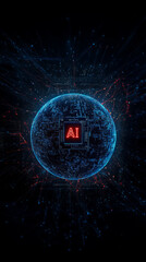 Glowing Earth with blue and red network lines on a black background. A red AI microchip shines at the center, symbolizing global technological progress.