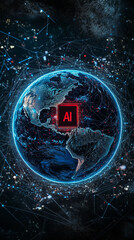Glowing Earth with blue and red network lines on a black background. A red AI microchip shines at the center, symbolizing global technological progress.