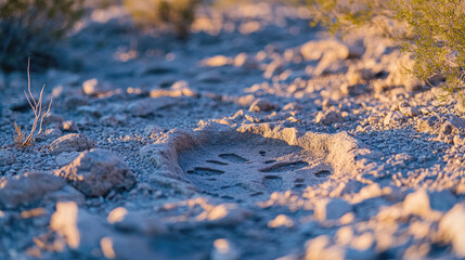 Close-up of ancient dinosaur footprints embedded in rocky terrain, surrounded by sparse vegetation,...