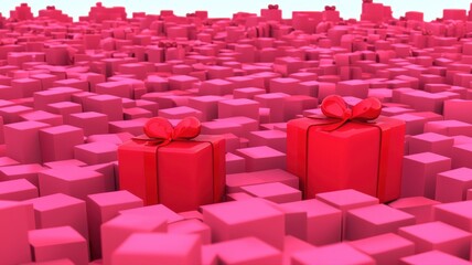 Obraz premium Vibrant Red Gift Boxes Amongst Pink Cubes for Celebration Themes