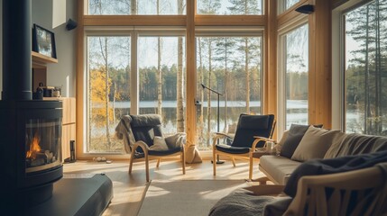 Fototapeta premium Cozy living room with fireplace and lake view.