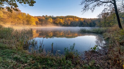 Fototapeta premium Calm autumn lake reflecting colorful trees and mist at sunrise.