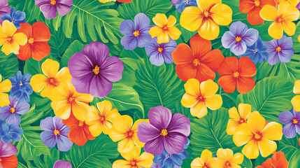 A vibrant and colorful pattern featuring tropical flowers like hibiscus, orchids, monstera leaves, and palm fronds in an exotic jungle setting, evoking the spirit of Hawaiian culture and mythology. 