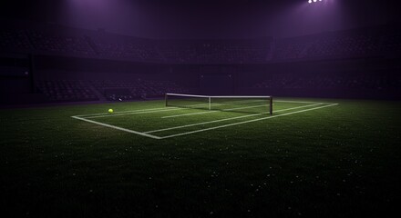 Tennis court at night with ball and stadium seats