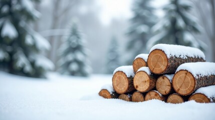 Winter's Embrace A Stack of Snow-Covered Logs in a Frozen Forest