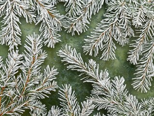 Frosted Pine Branches on Green Background A Wintery Texture.