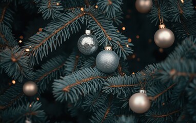 Elegant Christmas Tree Close-Up with Silver and Gold Ornaments and Twinkling Lights