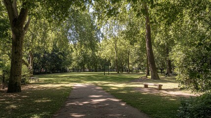 Serene Sunlight Through Trees in a Green Urban Park