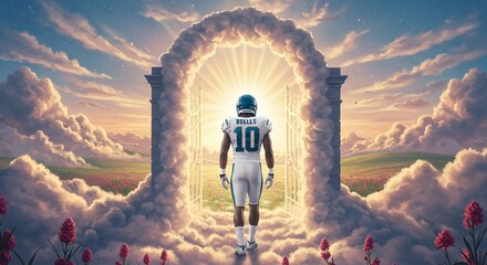 Football player walks through heavenly gates towards divine light
