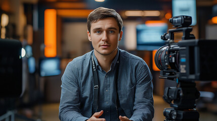 Fototapeta premium Professional News Anchor Reporting in Television Studio with Camera Setup