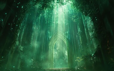 Obraz premium Mystical Emerald Portal Ancient Stone Archway in Enchanted Forest with Glowing Lights and Sunbeams