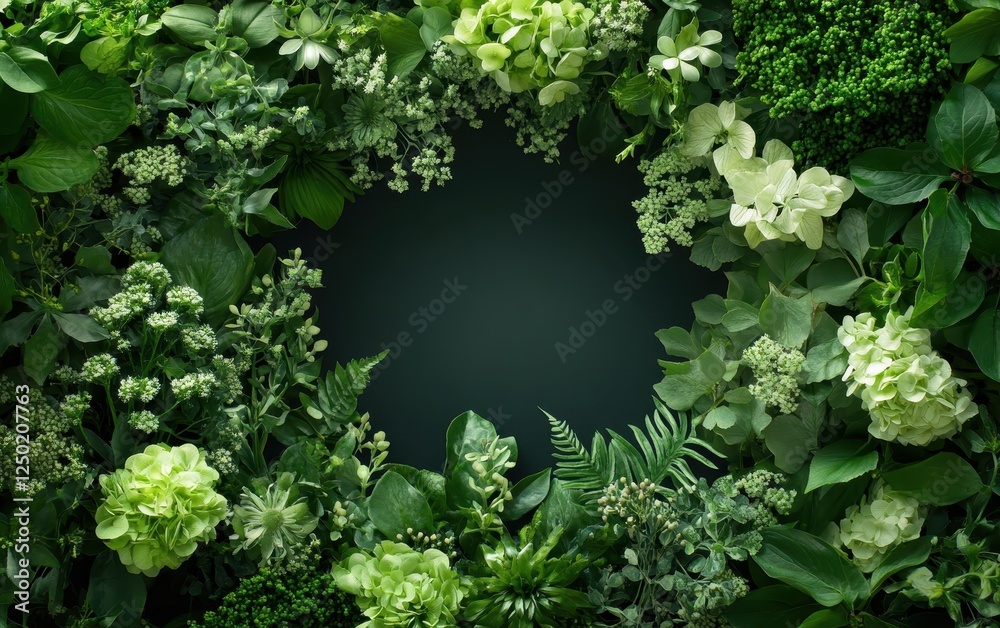 Wall mural Lush Green Botanical Frame with Hydrangeas and Assorted Foliage on Dark Background