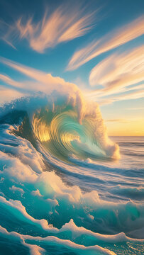 A serene and vibrant outdoor scene depicting a powerful sea wave crashing against the shore at the moment of sunset