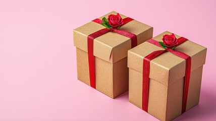 Obraz premium Gift Boxes with Red Ribbons and Roses on Pink Background