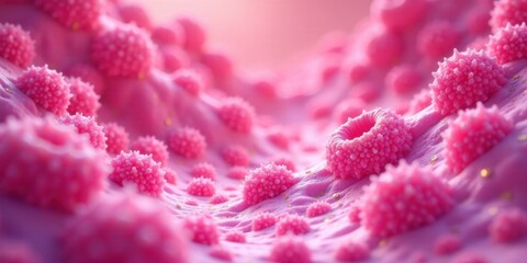 Microscopic Pink Cell Structure with Textured Surface and Golden Accents